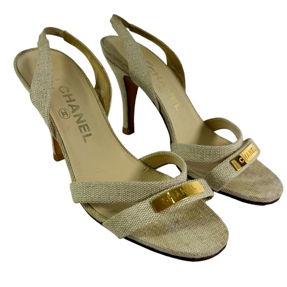 CHANEL Beige Fabric Slingback Strappy Sandals Made in Italy Marked as 37.5-7.5US - Picture 3 of 12